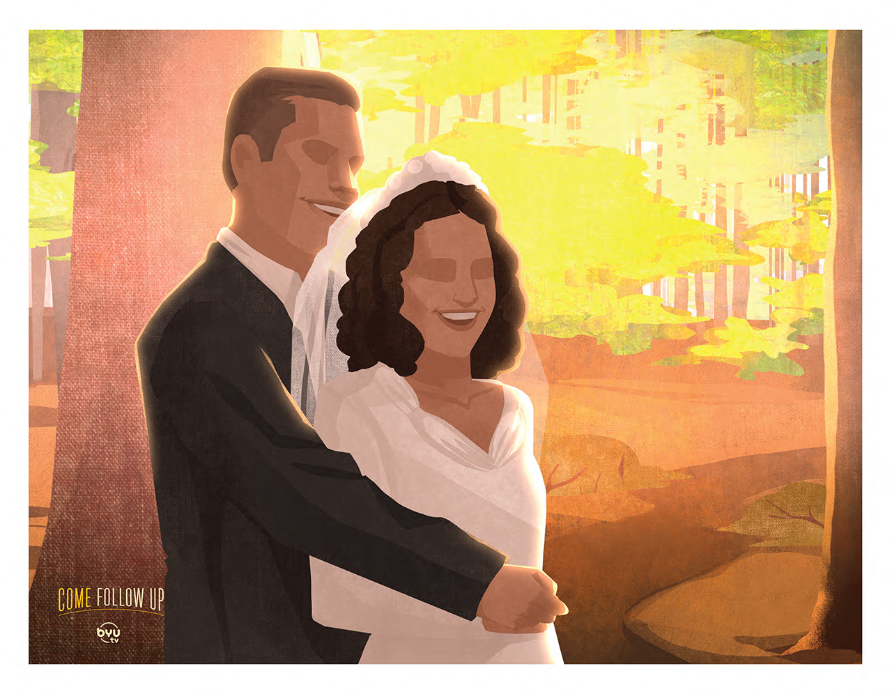 Stylized illustration of a couple in wedding clothes standing in a forest