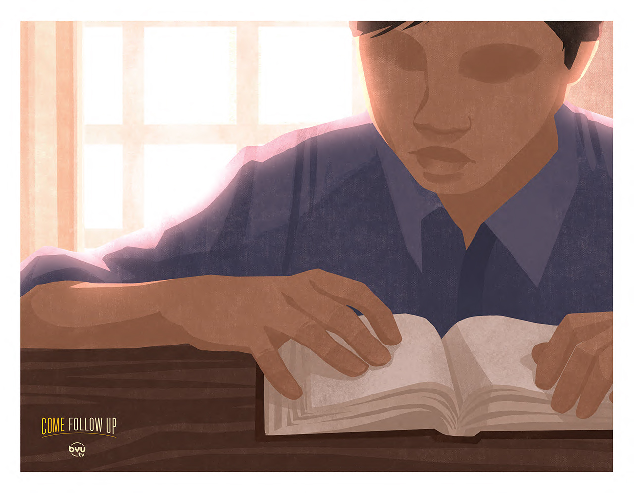 Stylized illustration of a young boy reading scriptures at a table
