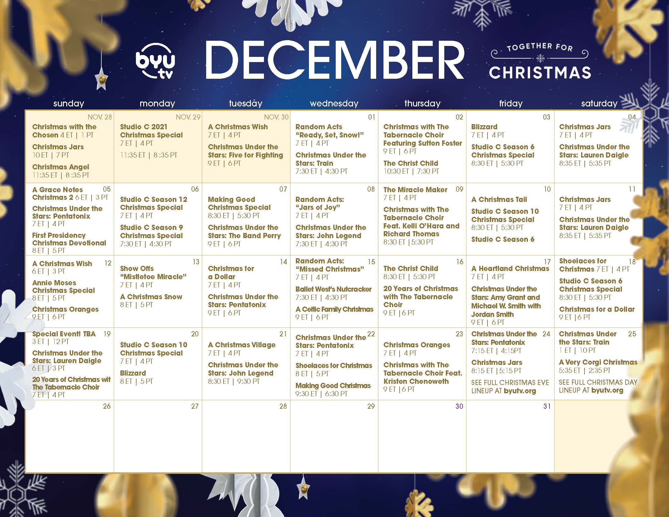 BYUtv Christmas Schedule 2021 - BYUtv