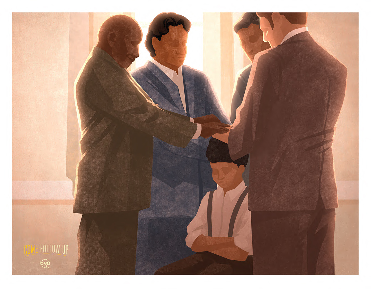 Stylized illustration of four men laying their hands on the head of a young boy